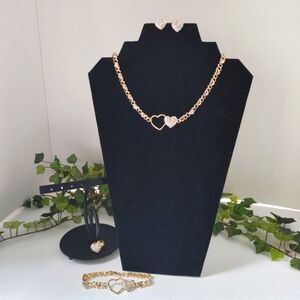 Heart Crystal Rhinestones Necklace Earrings Bracelet Ring Set Gold Filled